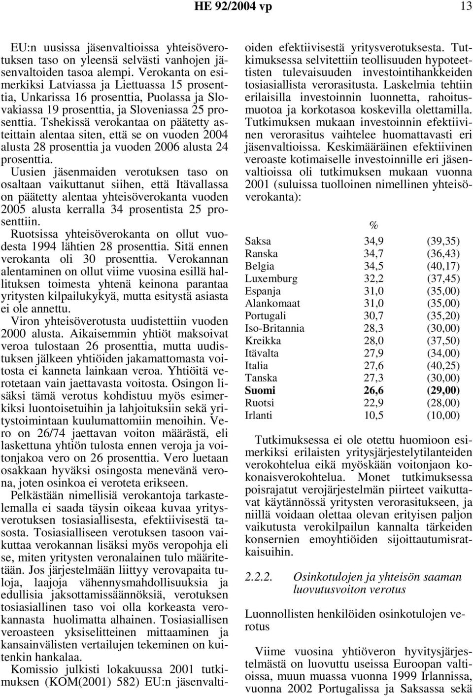 Tshekissä verokantaa on päätetty asteittain alentaa siten, että se on vuoden 2004 alusta 28 prosenttia ja vuoden 2006 alusta 24 prosenttia.