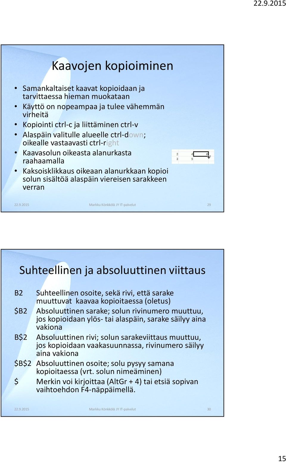 2015 Markku Könkkölä JY IT-palvelut 29 Suhteellinen ja absoluuttinen viittaus B2 Suhteellinen osoite, sekä rivi, että sarake muuttuvat kaavaa kopioitaessa (oletus) $B2 Absoluuttinen sarake; solun