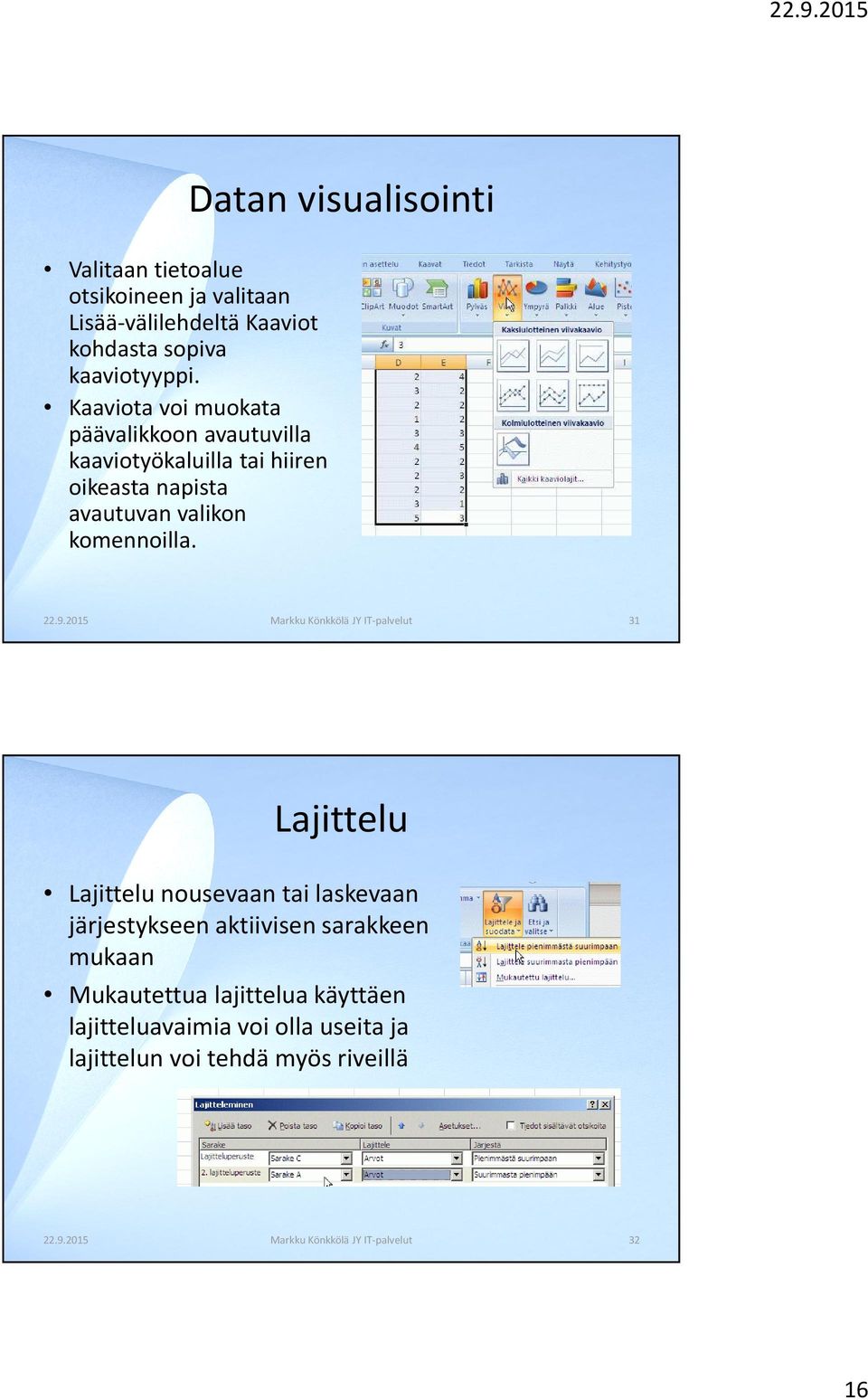 2015 Markku Könkkölä JY IT-palvelut 31 Lajittelu Lajittelu nousevaan tai laskevaan järjestykseen aktiivisen sarakkeen mukaan