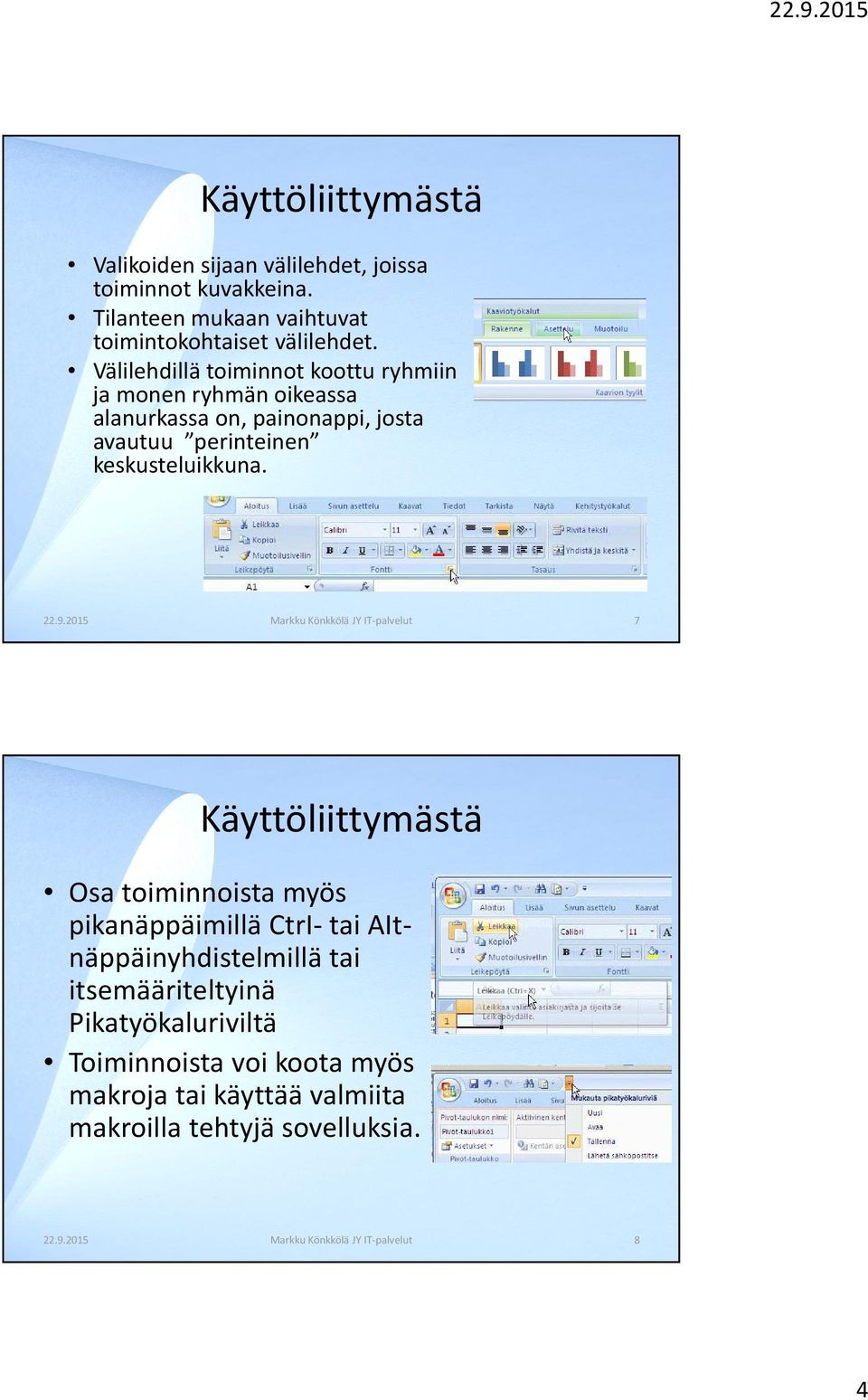 2015 Markku Könkkölä JY IT-palvelut 7 Käyttöliittymästä Osa toiminnoista myös pikanäppäimillä CtrI- tai AItnäppäinyhdistelmillä tai