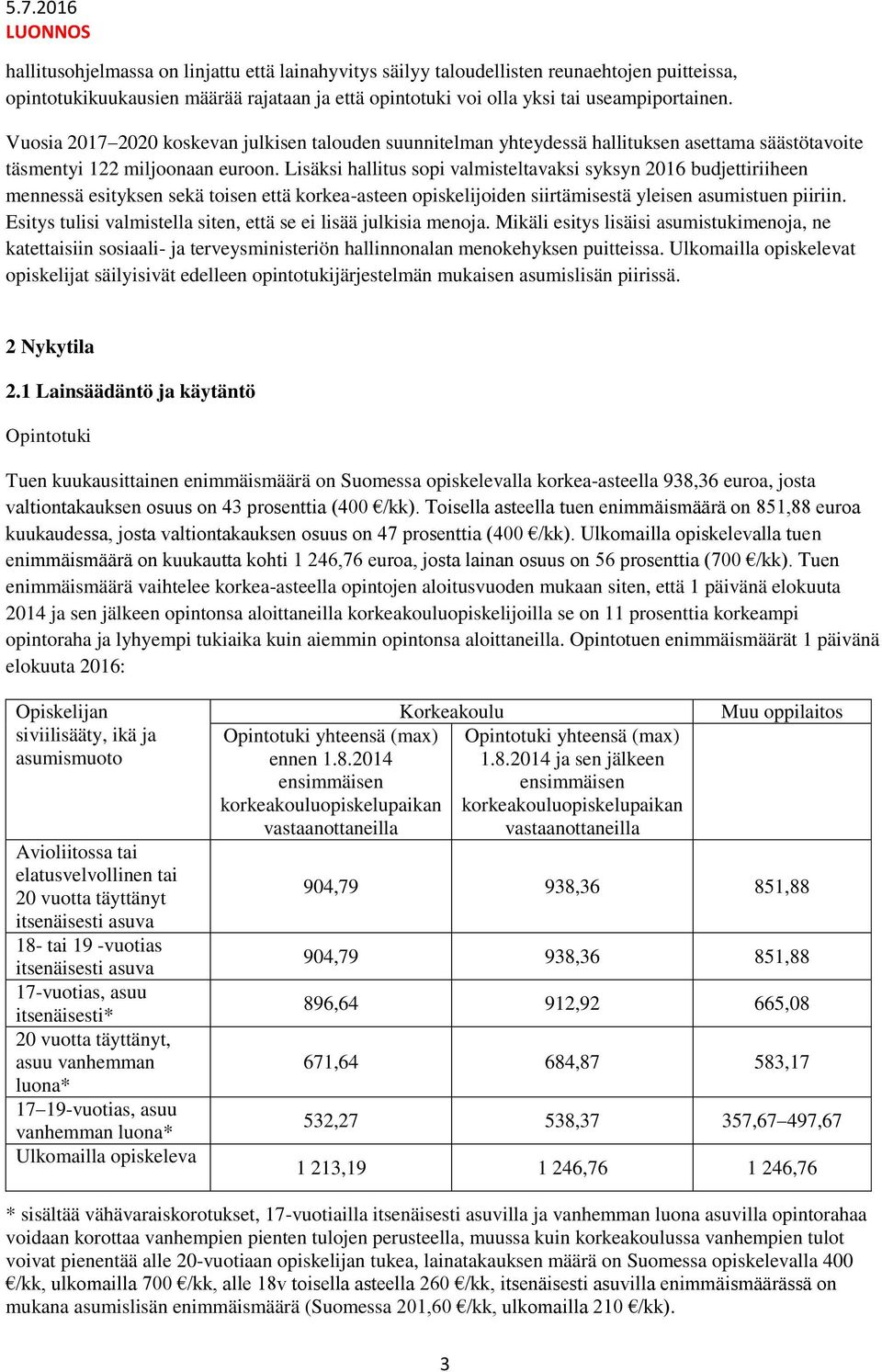 Lisäksi hallitus sopi valmisteltavaksi syksyn 2016 budjettiriiheen mennessä esityksen sekä toisen että korkea-asteen opiskelijoiden siirtämisestä yleisen asumistuen piiriin.
