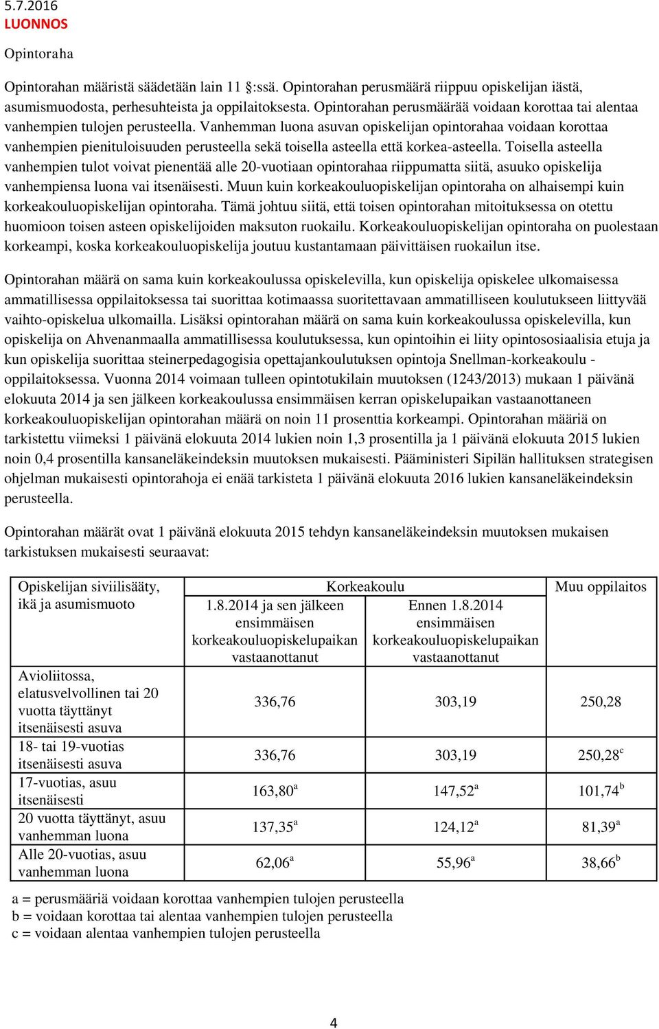 Vanhemman luona asuvan opiskelijan opintorahaa voidaan korottaa vanhempien pienituloisuuden perusteella sekä toisella asteella että korkea-asteella.