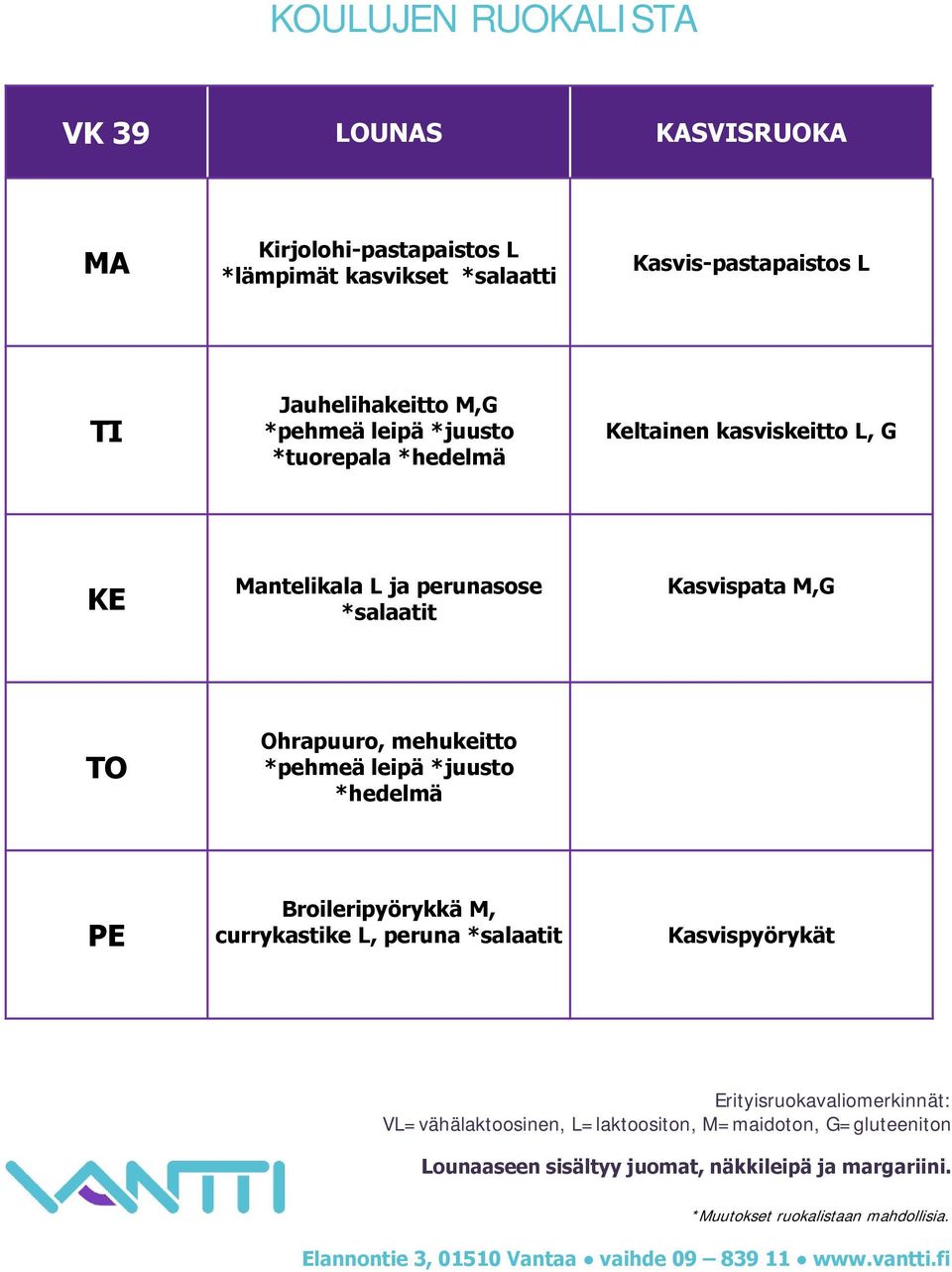 Keltainen kasviskeitto L, G Mantelikala L ja perunasose Kasvispata M,G Ohrapuuro,