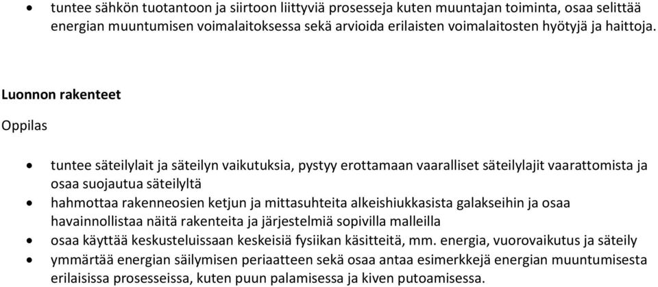 Luonnon rakenteet Oppilas tuntee säteilylait ja säteilyn vaikutuksia, pystyy erottamaan vaaralliset säteilylajit vaarattomista ja osaa suojautua säteilyltä hahmottaa rakenneosien ketjun ja