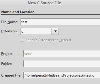New File-ikkuna aukeaa. Projektimme on testi. Siihen valitaan tiedosto, valitse C ja C Source File Next> Seuraava ikkuna New C Source File aukeaa.