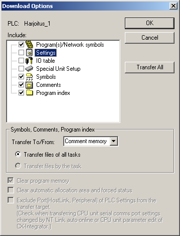 Transfer To PLC-valinta avaa seuraavan ikkunan. Symbols, Comments ja Program Index -valinnat ovat näkyvissä vain, jos CF-muistikortti on asennettu paikalleen tai CPU on versiota 3.