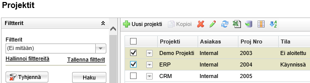 Kopioi projekti Projektien tietojen joukkopäivitys Voit päivittää useiden projektien tietoja samaan aikaan. Valitse päivitettävät projektit ja klikkaa kynän kuvaketta työkaluriviltä.