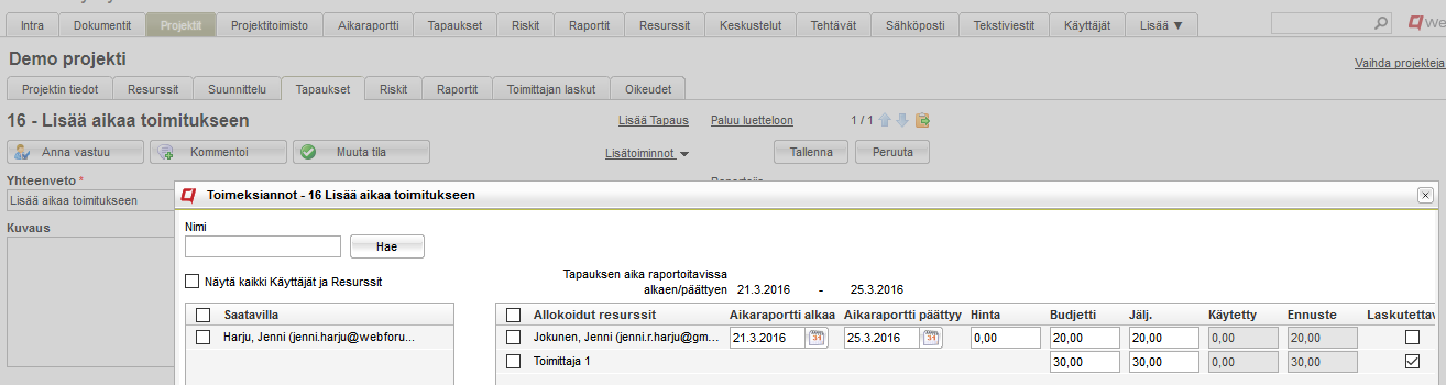 Toimittajalista Toimittajat-resurssityyppi lisätään resurssityyppilistaan. Toimittajat liitetään projektiin samaan tapaan kuin muutkin resurssit.