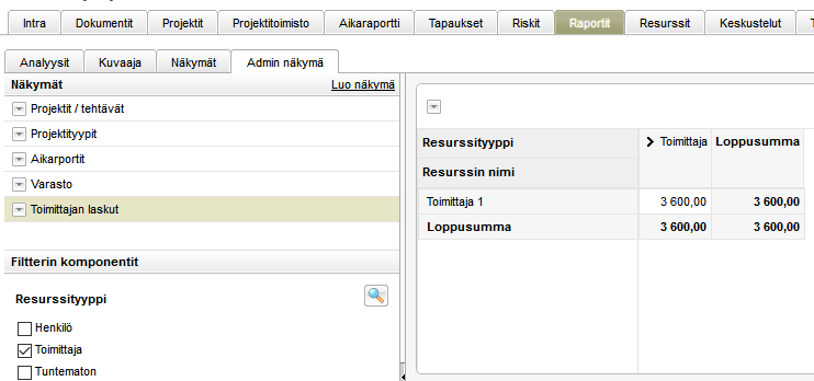 Toimittajan laskut -välilehdellä laskuja voidaan hakea, lisätä, poistaa ja päivittää. Syötetyt laskut voidaan myös viedä Exceliin.