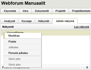 Oikea ruutu sisältää raportit, jotka liittyvät kyseiseen näkymään valituilla asetuksilla.