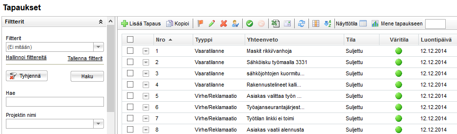 Tapaukset Tapaukset on saatavilla ylätason moduulina ja myös projektin välilehtenä. Ylimmällä tasolla on mahdollista nähdä ja työskennellä Tapauksien kanssa projektista riippumatta.