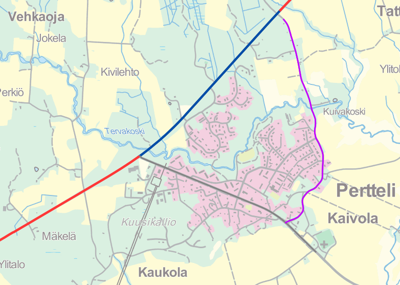 Kuusistontien ylitys 80 km/h Kaivolan koulu 100 km/h Vehkaojantien ylitys Kuva 12. Kaivolan koulun ympäristö vaaranpaikkoineen (Pohjakartta: Paikkatietoikkuna).