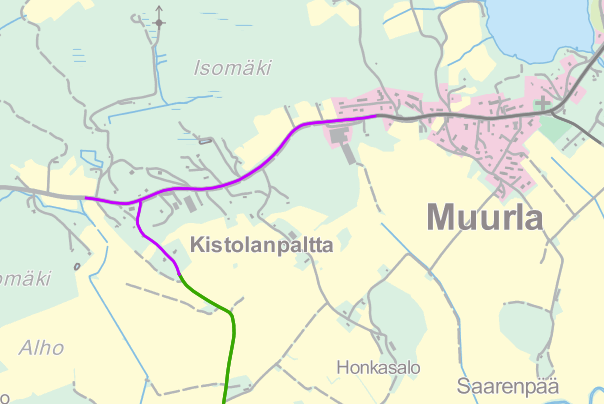 Olemassa oleva kevyen liikenteen väylä Kevyen liikenteen väylän jatkaminen Kuva 13. Muurlan koulun ympäristön parannustoimenpiteet (Pohjakartta: Paikkatietoikkuna).
