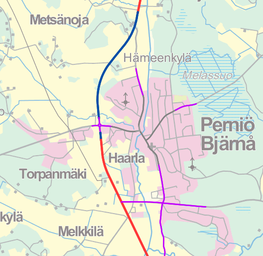Savikulman risteys 80 km/h Erveläntie Kemiöntien ylityskohta 50 km/h 80 km/h 100 km/h Heikkiläntien ylityskohta Kuva 22. Perniön Kirkonkylän koulun vaaranpaikat.