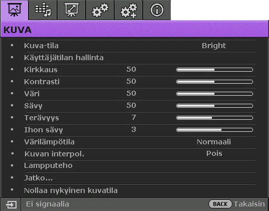 Projektoriisi EI ole liitetty videosignaalia i. Siirry Valikkotyyppi -valikkoon. ii. Käytä näppäimiä / valitaksesi Lisävalinnat -valikko ja paina OK. iii.