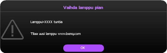 Lampun vaihtamisen aika Kun Lampun tiedot muuttuu punaiseksi tai lampun vaihdosta kertova viesti ilmesty, asenna uusi lamppu tai ota yhteyttä jälleenmyyjääsi.