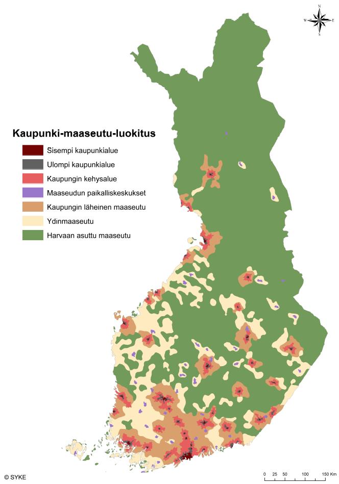 Kuva 2. SYKEn ja Oulun yliopiston laatima kaupunki maaseutuluokitus. Kuva 3.