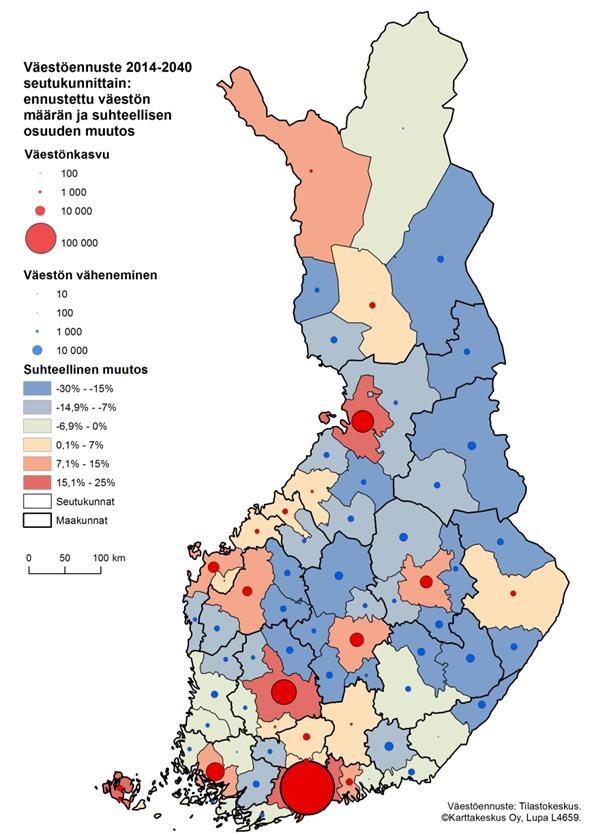 Kuva 4. Asukasmäärä tiheällä ja harvalla sekä haja-asutusalueella vuosina 2000 2015 ja ennuste 2015 2030.