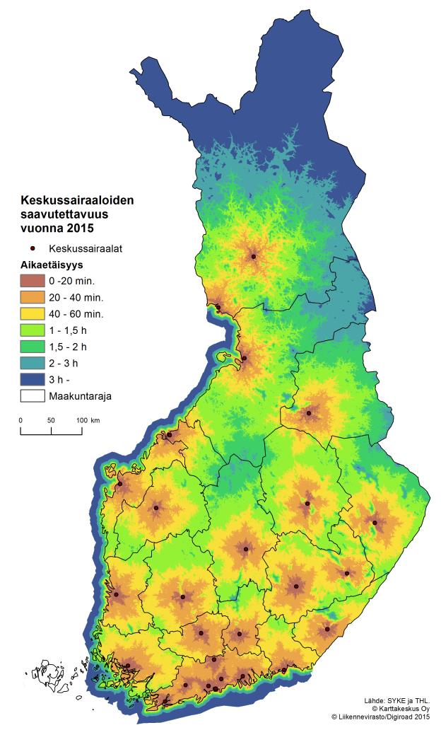 Kuva 33. Nykyisten keskussairaaloiden ja 12 laajan päivystyksen sairaalan saavutettavuus aikaetäisyytenä tieverkkoa pitkin. Kuva 34.