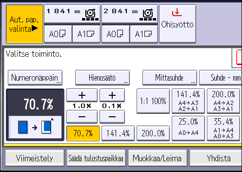 Alkuperäisten pienentäminen tai suurentaminen 1. Paina [Pien./Suur.]. 2. Valitse suhde ja paina [OK]. 3. Aseta alkuperäinen ja aloita skannaus.