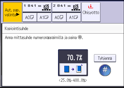 3. Kopiointi 1. Paina [Pien./Suur.]. 2. Paina [Numeronäppäin]. 3. Syötä haluttu suhde ja paina sitten [ ]. 4. Paina [OK] kaksi kertaa. 5. Aseta alkuperäinen ja aloita skannaus.