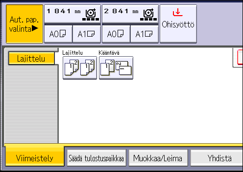 3. Kopiointi 1. Paina [Viimeistely]. 2. Valitse [Lajittelu] tai [Kääntävä] ja paina sitten [OK]. 3. Anna kopiosarjojen lukumäärä numeronäppäimillä. 4. Aseta alkuperäinen ja aloita skannaus.