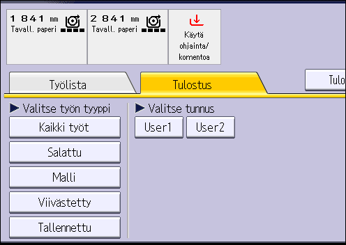 4. Tulostin 1. Paina [Pääsivu]-näppäintä käyttöpaneelin vasemmassa yläkulmassa ja paina [Tulostin]- kuvaketta [Pääsivu]-näytöllä. 2. Valitse [Tulostus]-välilehti. DHJ243 3.