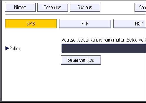 Kansioon skannaaminen 10. Vahvista salasana syöttämällä se uudelleen ja painamalla [OK]. 11. Paina [Kansio]. 12. Varmista, että [SMB] on valittu. 13.