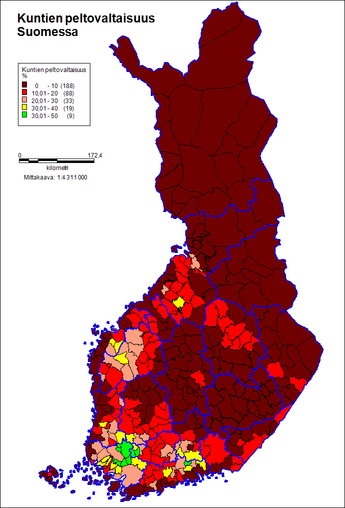 5 peltovaltaisuus Suomessa, ja siitä huomataan miten selkeästi Lounais-Suomi ja selvitysalue erottuvat muusta Suomesta. [2] Kuva 2. Kuntien peltovaltaisuus Suomessa vuonna 2011.