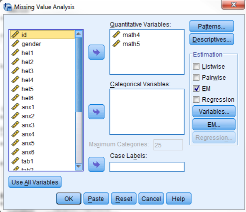 Puuttuvan tiedon analyysi (MVA) Missing Value Analysis Analyze Missing Value Analysis Valitse tutkittavat