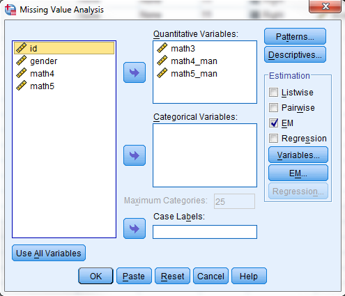 Puuttuvan tiedon analyysi (MVA) Missing Value Analysis Analyze Missing Value Analysis Valitse tutkittavat muuttujat Nyt