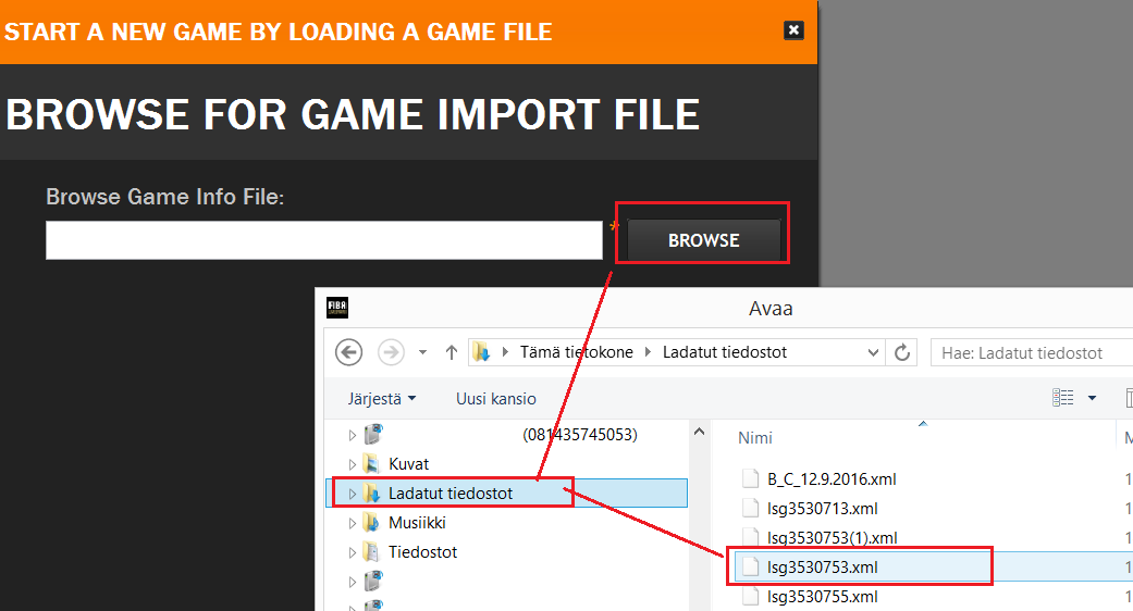 Ohjelma vie tiedosto suoraan koneellasi olevaan Ladatut tiedostot, josta löydät ottelun tiedoston (xml) alkaa aina kirjaimilla lsg ja lopussa on numerosarja, joka on sama kuin Baskethotellissa oleva