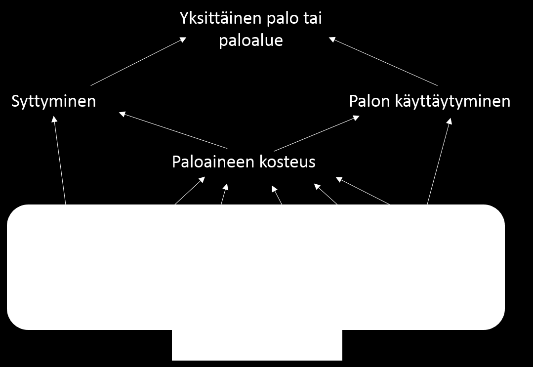 21 Kuva 7. Kaaviokuva eri säätekijöiden osuudesta metsäpalojen syttymiseen (Larjavaara, 2005). Paloaineen kosteus on siis keskeinen tekijä salaman sytyttämän metsäpalon kannalta.