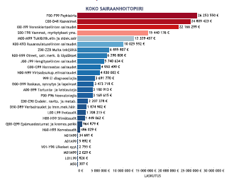 Eniten palveluita käyttävien potilaiden (20 %) laskutuksen jakautuminen