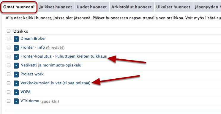 Huoneeseen siirtyminen Huoneeseen eli kurssille/opintokokonaisuuteen siirtyminen tapahtuu Huoneet-välilehden kautta. Välilehti on näkyvillä aina riippumatta siitä, missä Fronterilla olet.