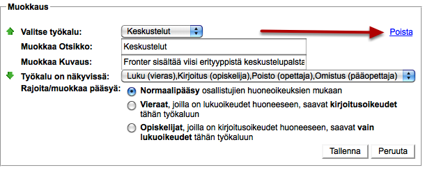 Poistettavan työkalun valinta Napsauta Työkalut-laatikosta sitä työkalua, jonka haluat poistaa. Poista työkalu Klikkaa vielä Muokkaus-laatikon oikeassa reunassa olevaa Poista-linkkiä.