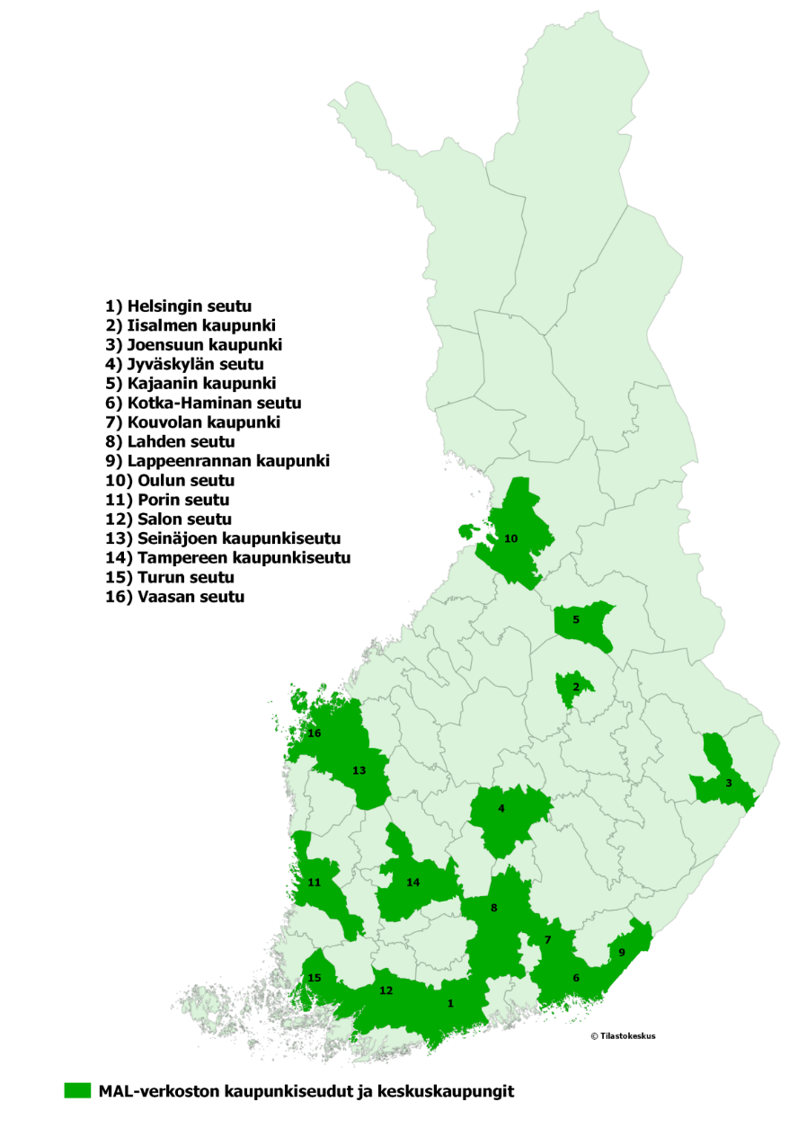 2 Kuvio 1. MAL-verkoston jäsenalueet ja -kaupungit seuduittain vuonna 2015.