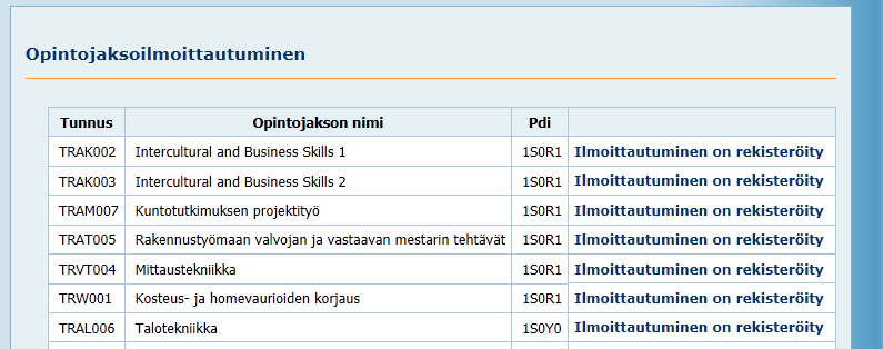 4 10. Näyttöön ilmestyy lista opintojaksoista, joille ilmoittauduit. Pakollisiin opintoihin kuuluvat opintojaksot kuuluvat Koulutusohjelman mukaisesti valintaan 11.