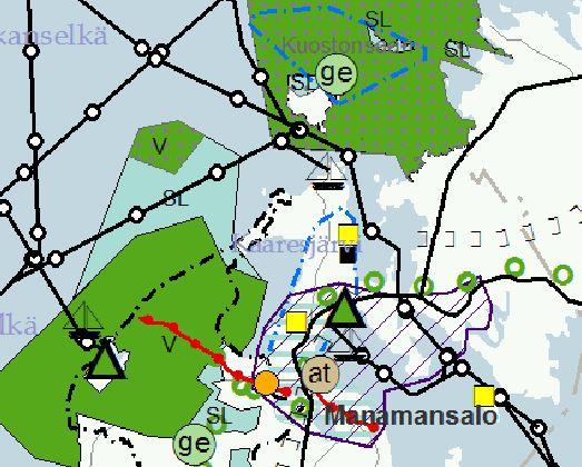 Alue kuuluu matkailun vetovoima-alueen (mv) sisälle ja se on pohjavesialuetta (sininen pistekatkoviiva). Sen sisällä on muinaismuistokohde (musta neliö).