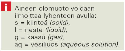 kiinteä (solid), neste (liquid) ja kaasu (gas), lisäksi aq=veteen liuennut. Huom!