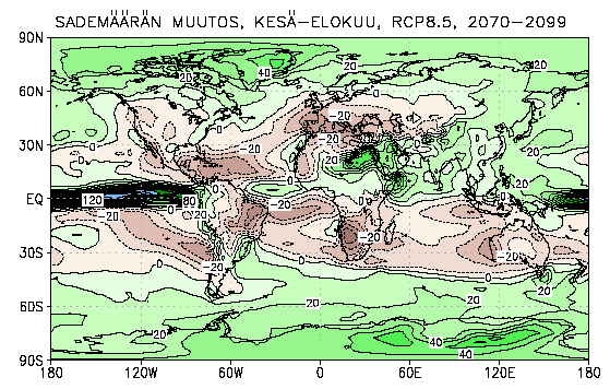 Sademäärän ennakoitu muutos vuosisadan