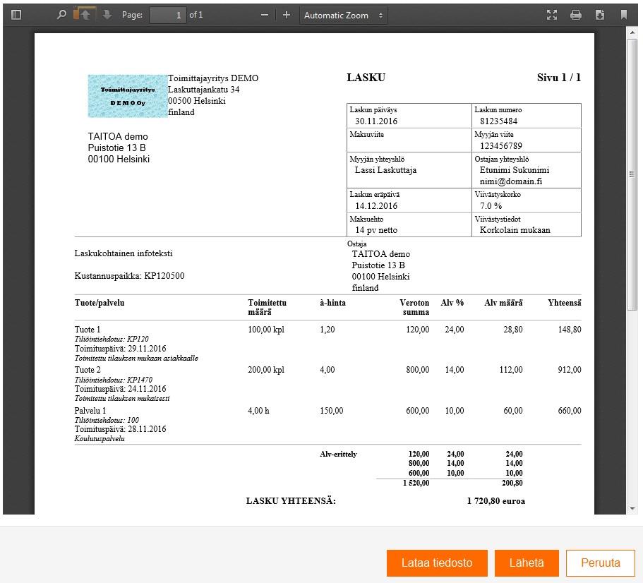 02/02/16 Asiakirjan nimi Sivu 18 /18 Käyttäjä voi ladata ja halutessaan tulostaa laskun pdf-tiedoston ennen laskun lähettämistä painamalla Lataa tiedosto painiketta.