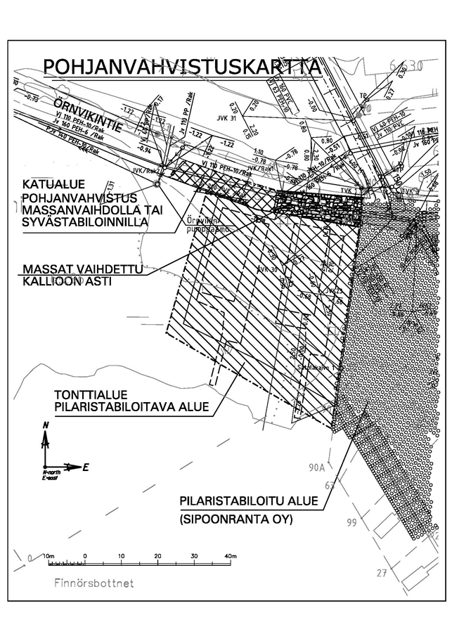 Oikealla: ote asemakaavan muutoksen pohjanvahvistuskartasta. Itäpuoleinen Sipoonranta Oy:n alue on pilaristabiloitu.