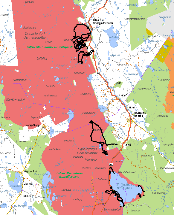 Liitekartta 3 Pallas-Yllästunturin kansallispuistossa Samin Viljanmaan kävelemät reitit.