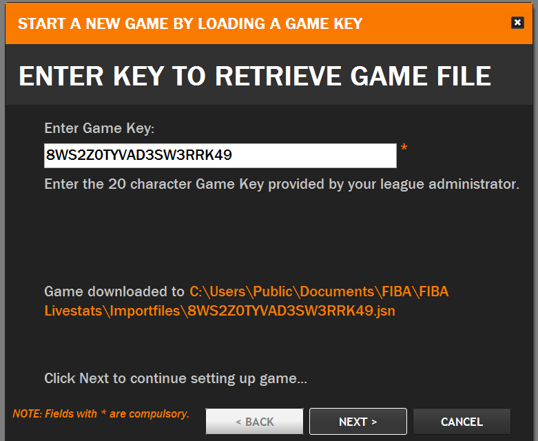 - avaa FIBA LiveStats ja klikkaa Enter a game key Sinulle aukeaa näkymä Enter key to retrieve game file - liitä Match Key tyhjään ruutuun klikkaa next jolloin ohjelma lataa ottelun tiedoston FIBA