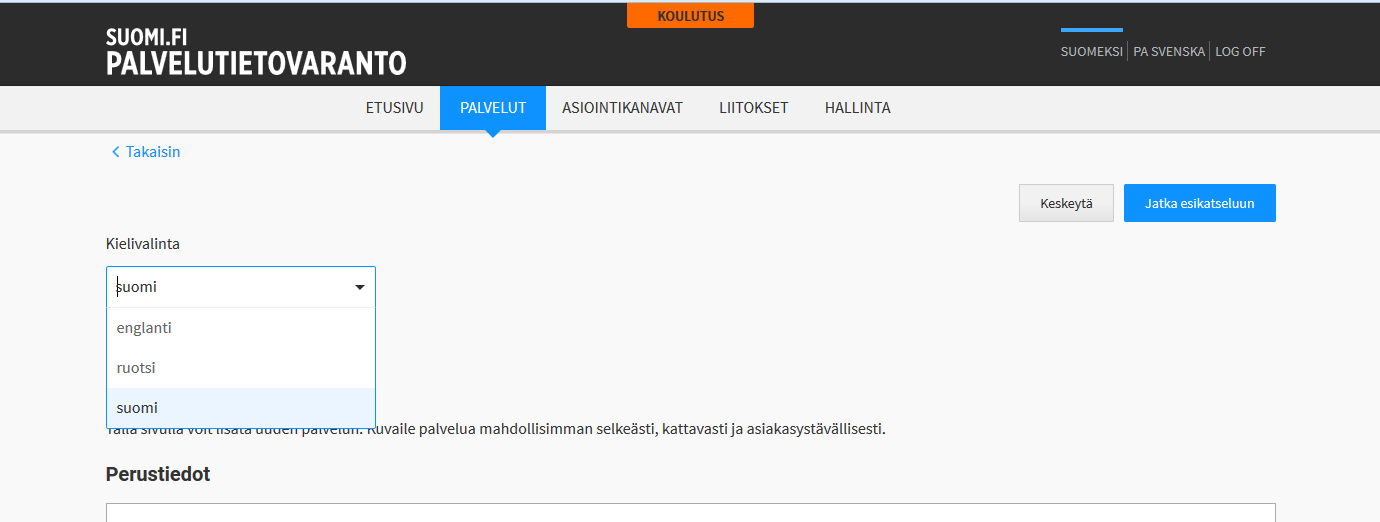 OHJE 37 (47) 4 Kieliversiot uutta versiossa 1.3 Voit antaa palveluille ja asiointikanaville tiedot nyt myös ruotsiksi ja englanniksi.
