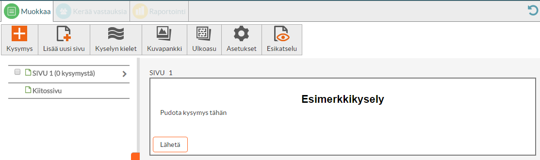 Kysymyksen lisääminen 1. 3. 2. 1. Klikkaamalla Lisää kysymys -valikkoa pystyt luomaan uusia kysymyksiä. 2. Voit vaihtaa kyselyn otsikon klikkaamalla hiiren kursorin otsikon päälle.
