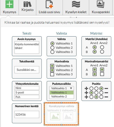 Valinta mahdollistaa vastaajan valita ainoastaan yksi vaihtoehto. Monivalinta voi valita yhden tai useampia vastausvaihtoehtoja.