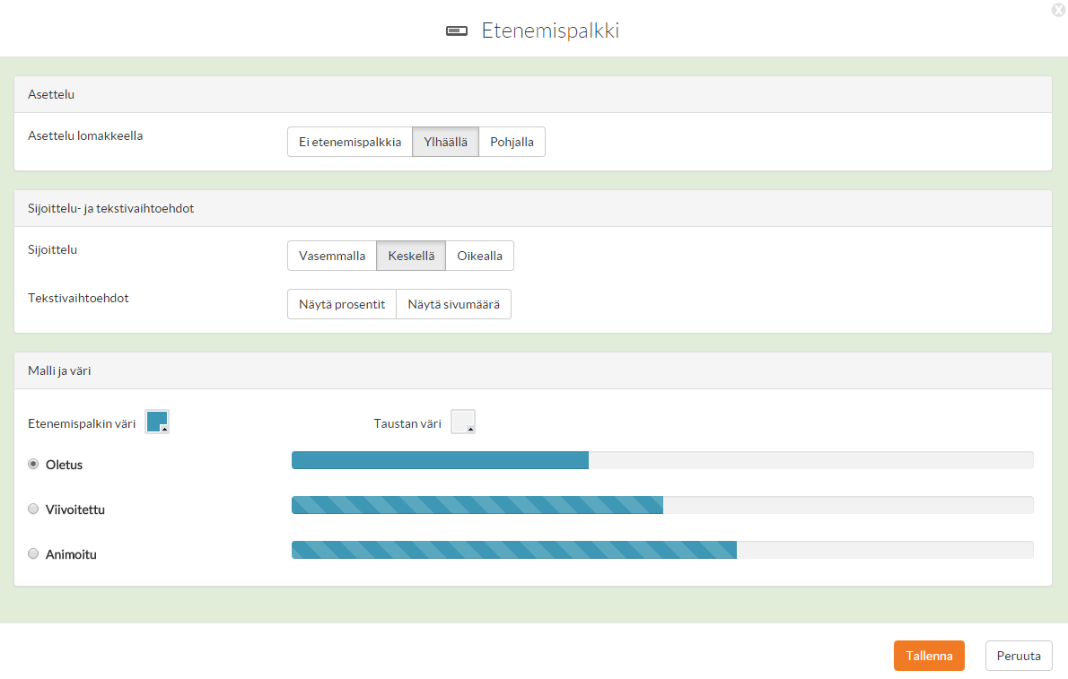 Etenemispalkki 1 1. Pääset määrittelemään etenemispalkin ulkoasun ja sijainniin kyselylomakkeella klikkaamlla Etenemispalkki -tekstiä 2.