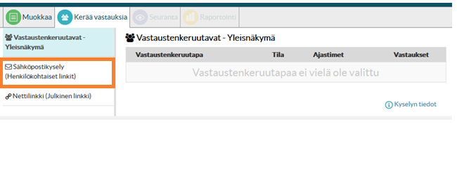 Kerää vastauksia-välilehti Kerää vastauksia välilehdeltä valitset kyselyn julkaisutavan.